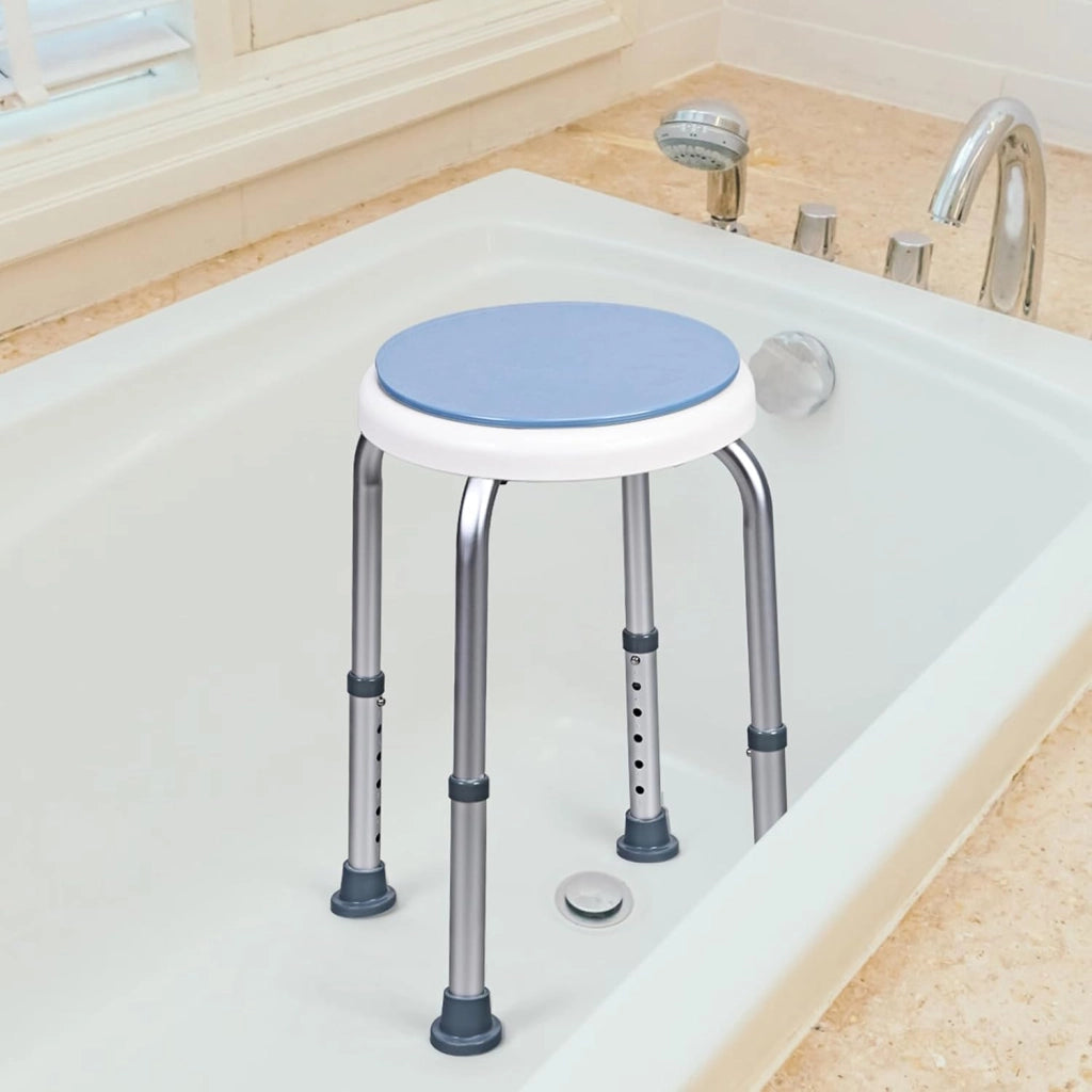 Sgabello per Doccia Girevole a 360°, Regolazione in Altezza, Gambe in Alluminio Resistenti alla Ruggine, Stabile e Antiscivolo, Sedile Comodo per Anziani e Disabili