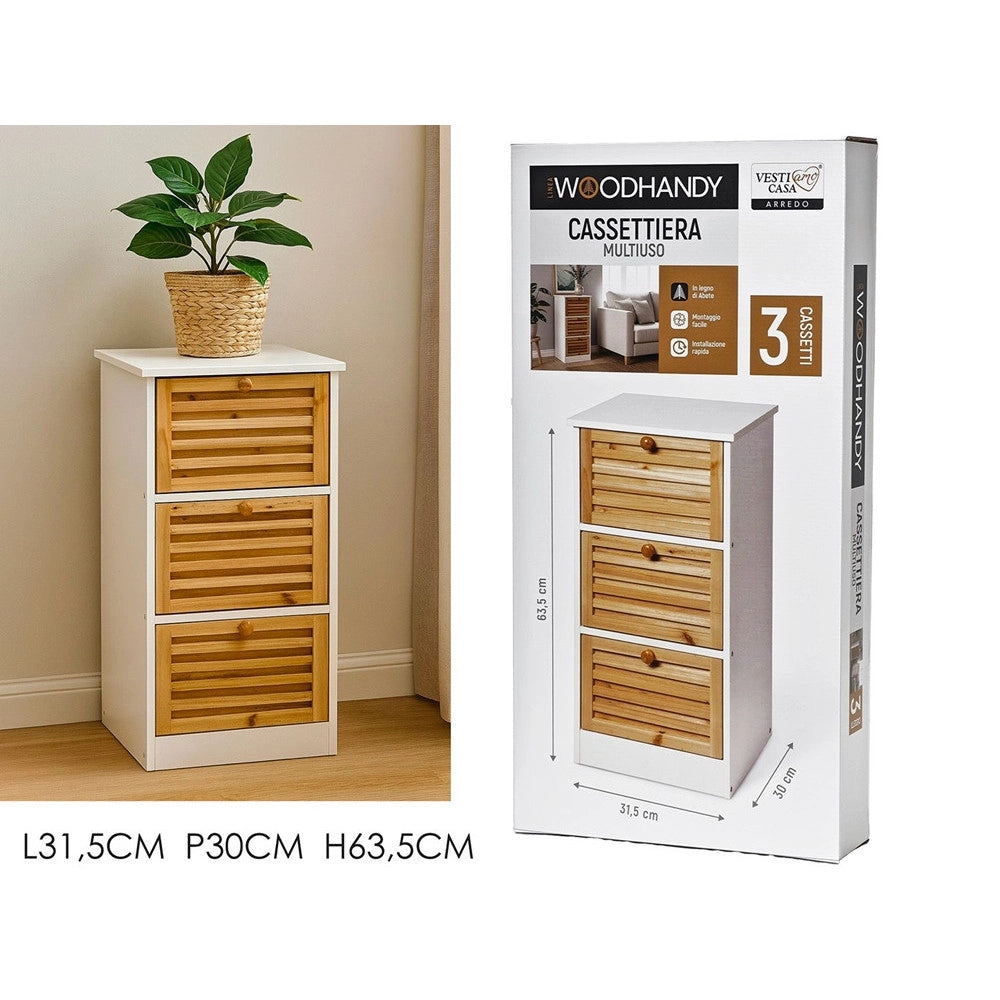 Trade Shop - Cassettiera Multiuso A 3 Cassetti Mobiletto In Legno Di Abate 31,5x30x63,5cm Bagno Ingresso -
