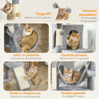 Albero Tiragraffi per Gatti 48x48x192 cm con Amache e Casette in Sisal e Peluche Grigio e Crema