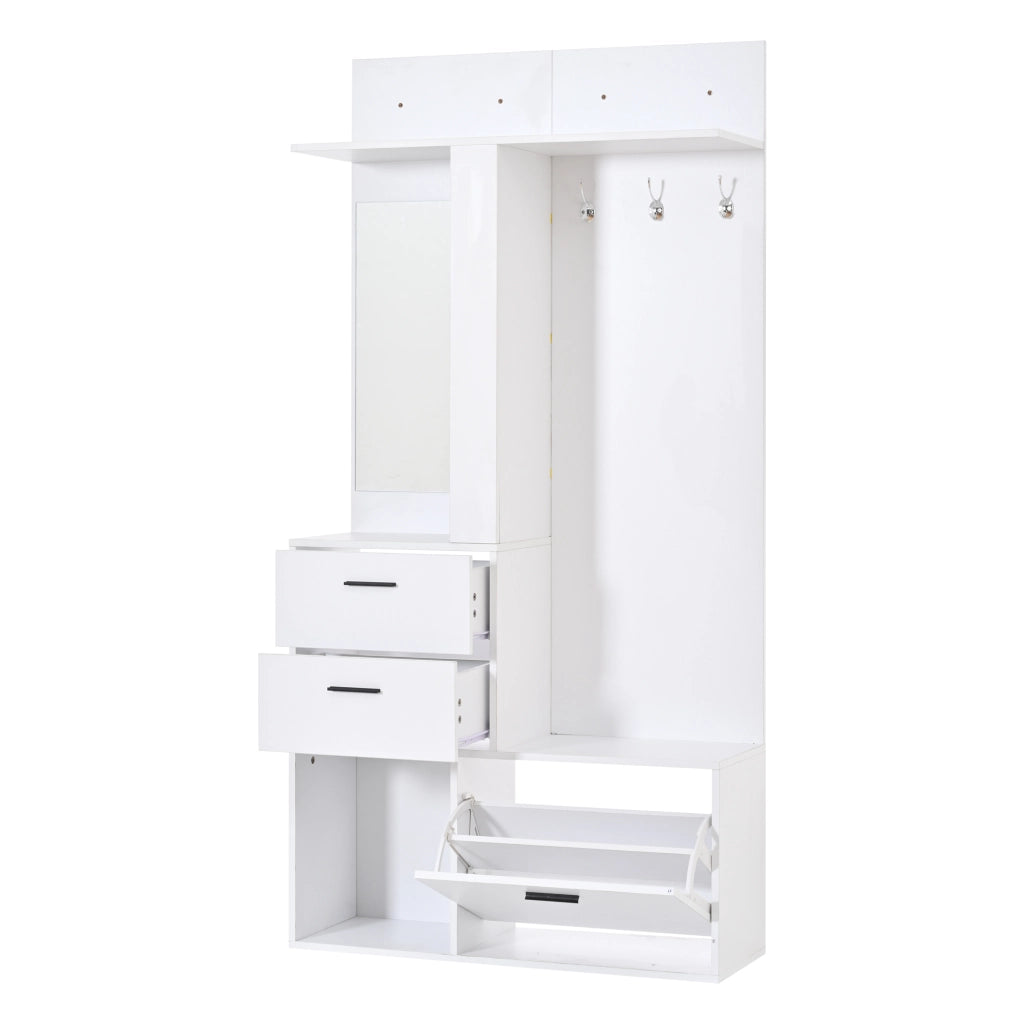 Armadio ingresso con 2 cassetti; 3 ganci; specchio; ripiani ribaltabili e 3 vani per ingresso e corridoio; bianco; 90 Ã— 30 Ã— 180 cm