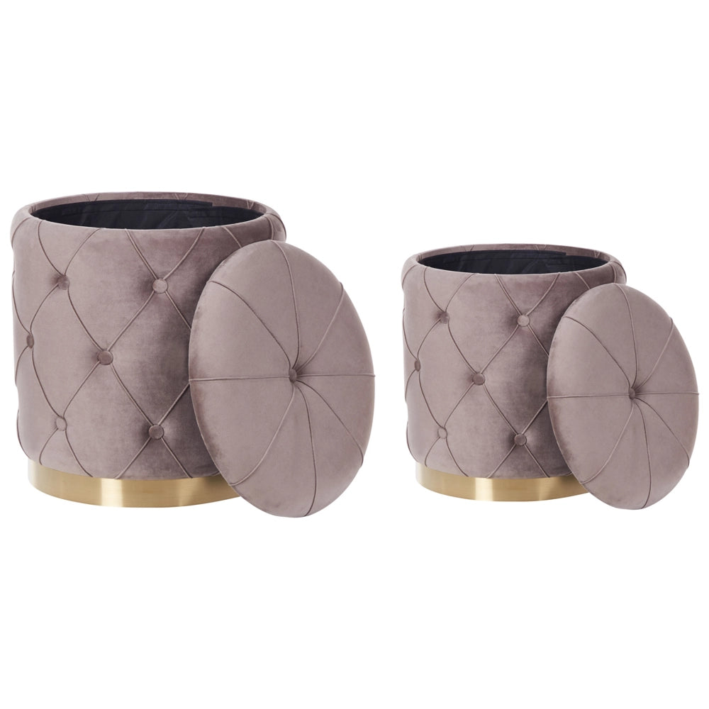 Set di pouf portaoggetti in velluto di poliestere grigio talpa con rivestimento capitonnè base dorata design retrò