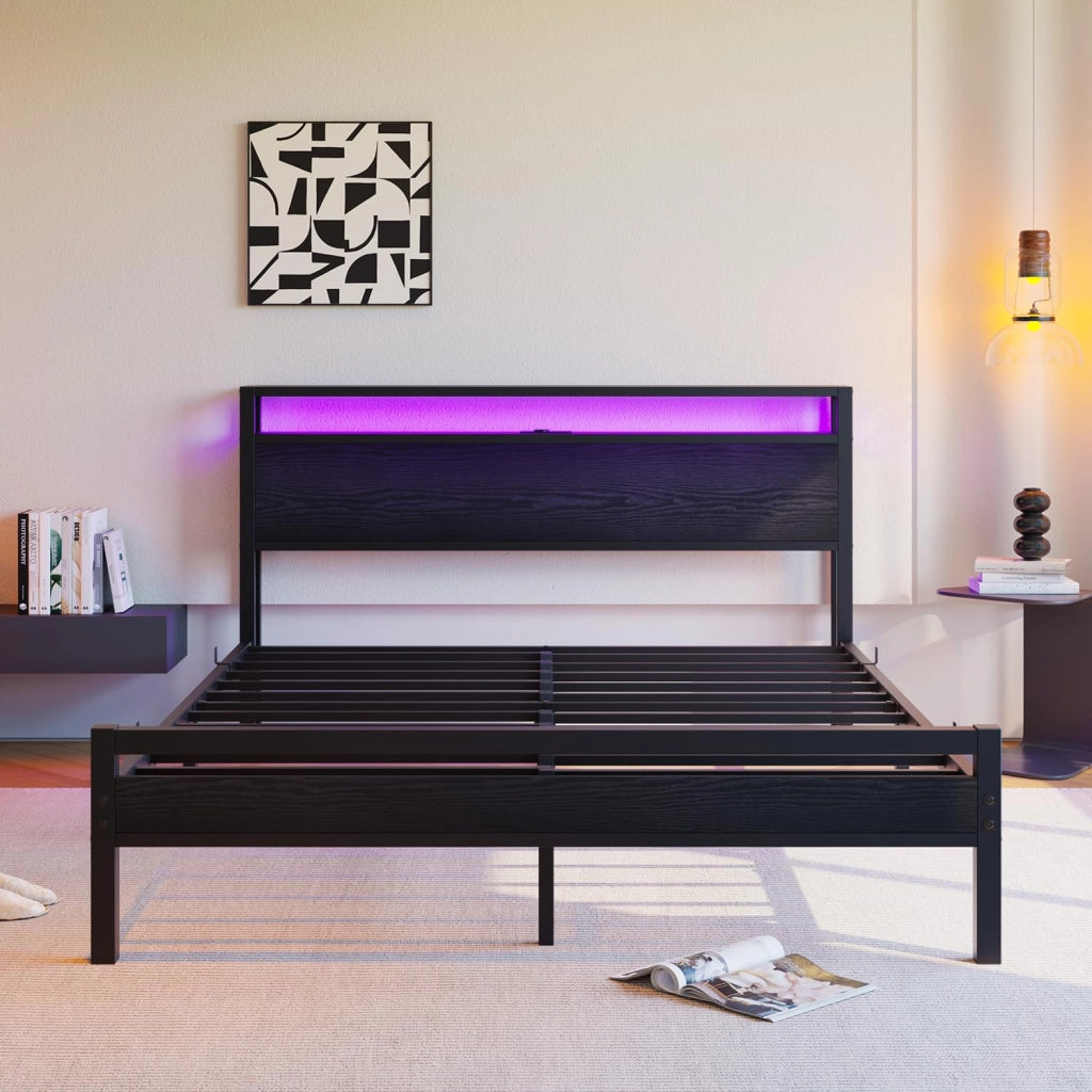 Letto 140x190 con contenitore, struttura in metallo, ricarica USB-C e illuminazione LED, letto moderno con ripiano testiera, nero