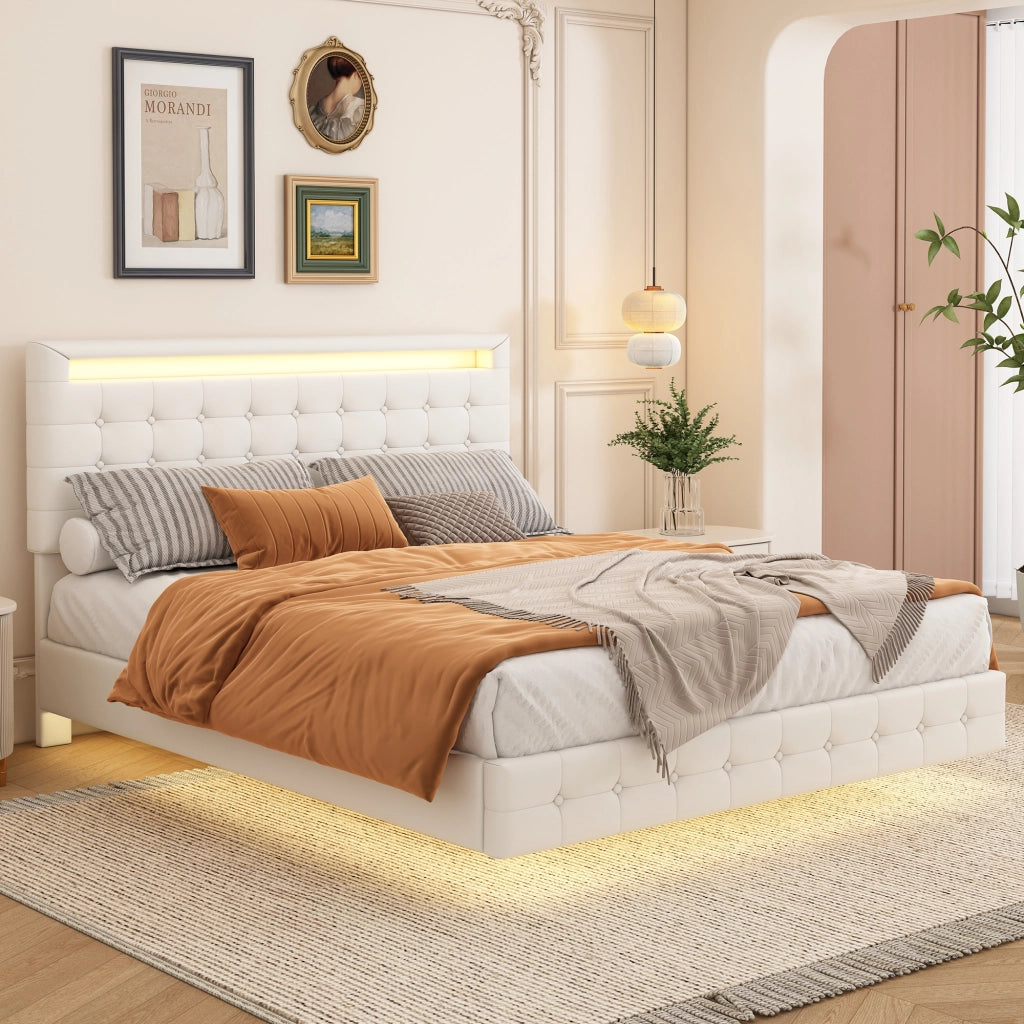 Letto Matrimoniale con LED Regolabile e Testiera Regolabile 140×200 cm; senza Materasso; PU; Bianco