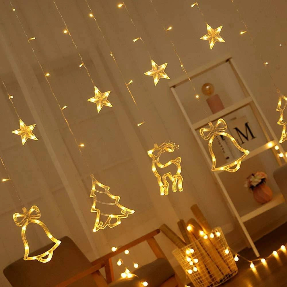 Trade Shop - Luci Tende Led 12 Lampade Campane Alberi Natale Decorazioni A Corrente Bianco Caldo -