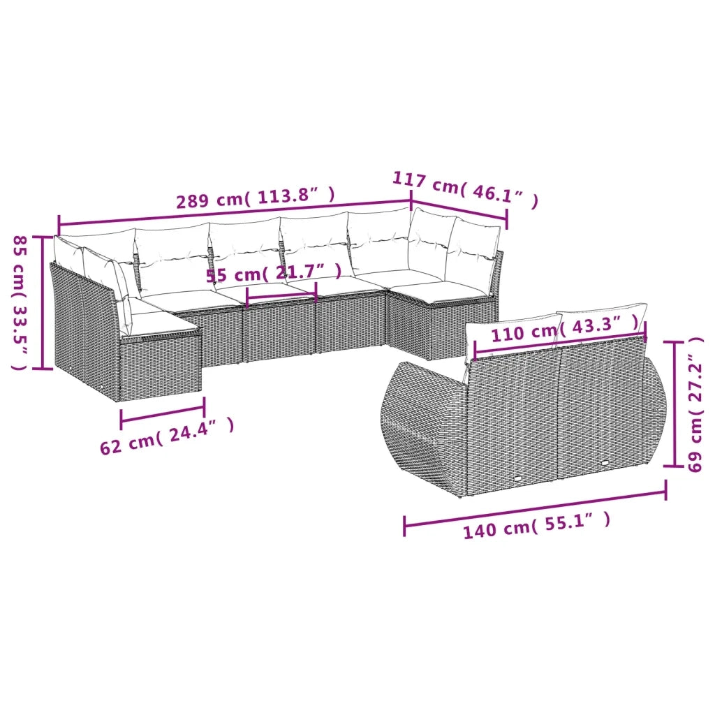 Set Divano da Giardino 9 pz con Cuscini Grigio in Polyrattan 3221819