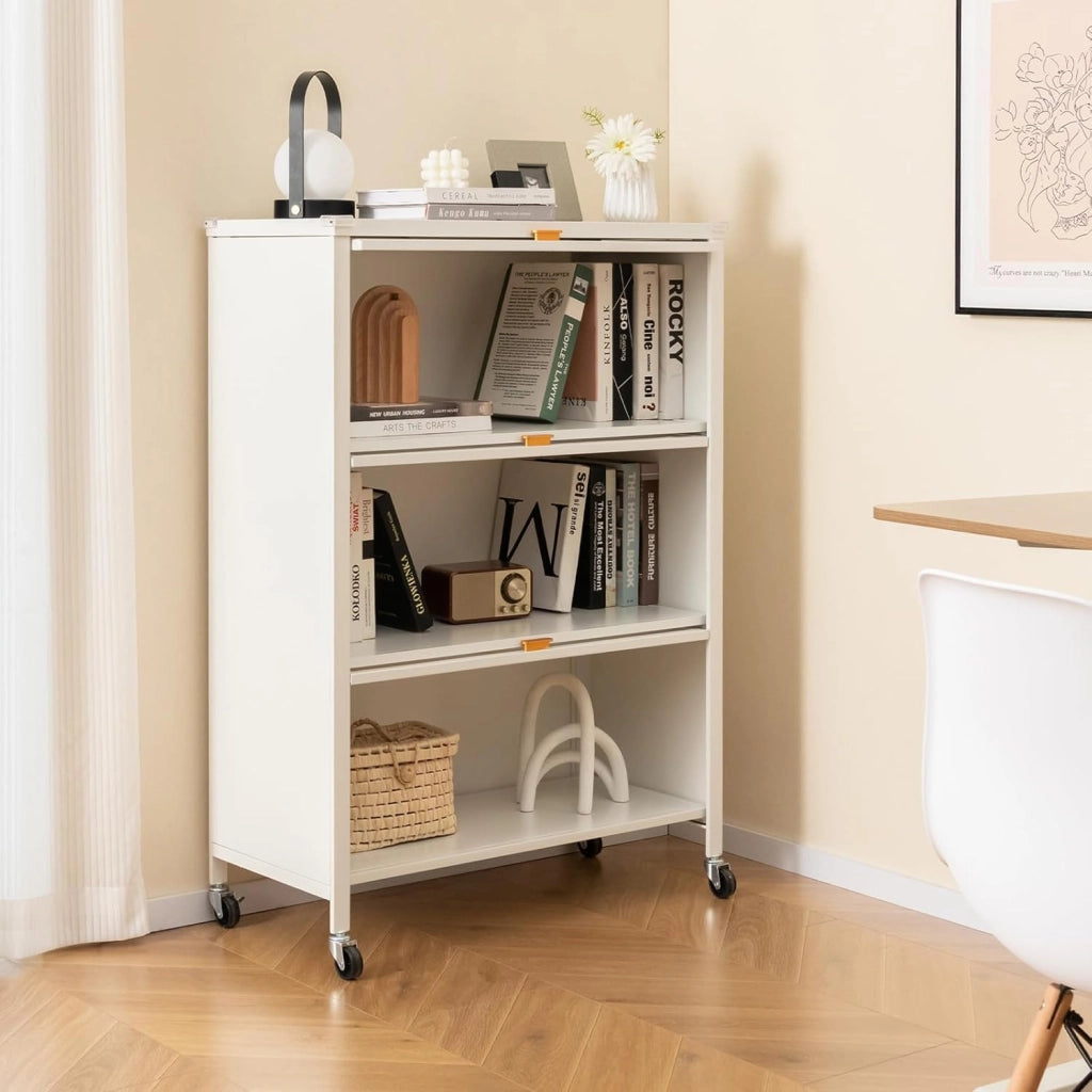 Armadietto da cucina, scaffale da cucina in piedi su ruote, cassettiera da cucina a 4 livelli con ante per PC e pannello posteriore rimovibile, supporto per microonde, 81 x 37 x 115 cm