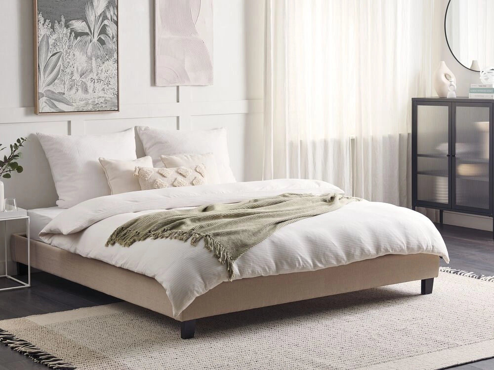 Letto 180 x 200 cm in tessuto beige con rete a doghe senza testiera