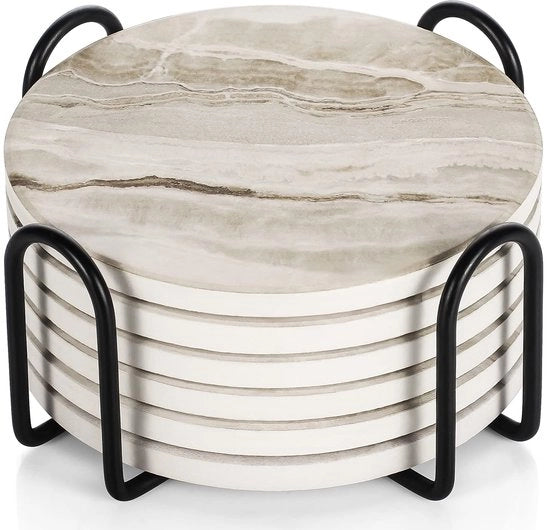 Set di Sottopiedini in Vetro, Sottopiedini in Marmo da 6, Sottopiedini Assorbenti con Base in Canna di Legno e Supporto, Sottopiedini per Bar, Caffè, Casa, Feste, Ufficio, Regali per Mamma e Papà