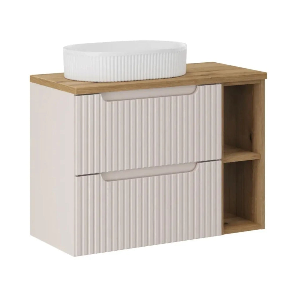 Insieme VANO cashmere e quercia 80cm : mobile sotto lavabo con cassetti e nicchie a vista + lavabo da appoggio scanalato