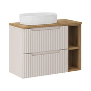Insieme VANO cashmere e quercia 80cm : mobile sotto lavabo con cassetti e nicchie a vista + lavabo da appoggio scanalato