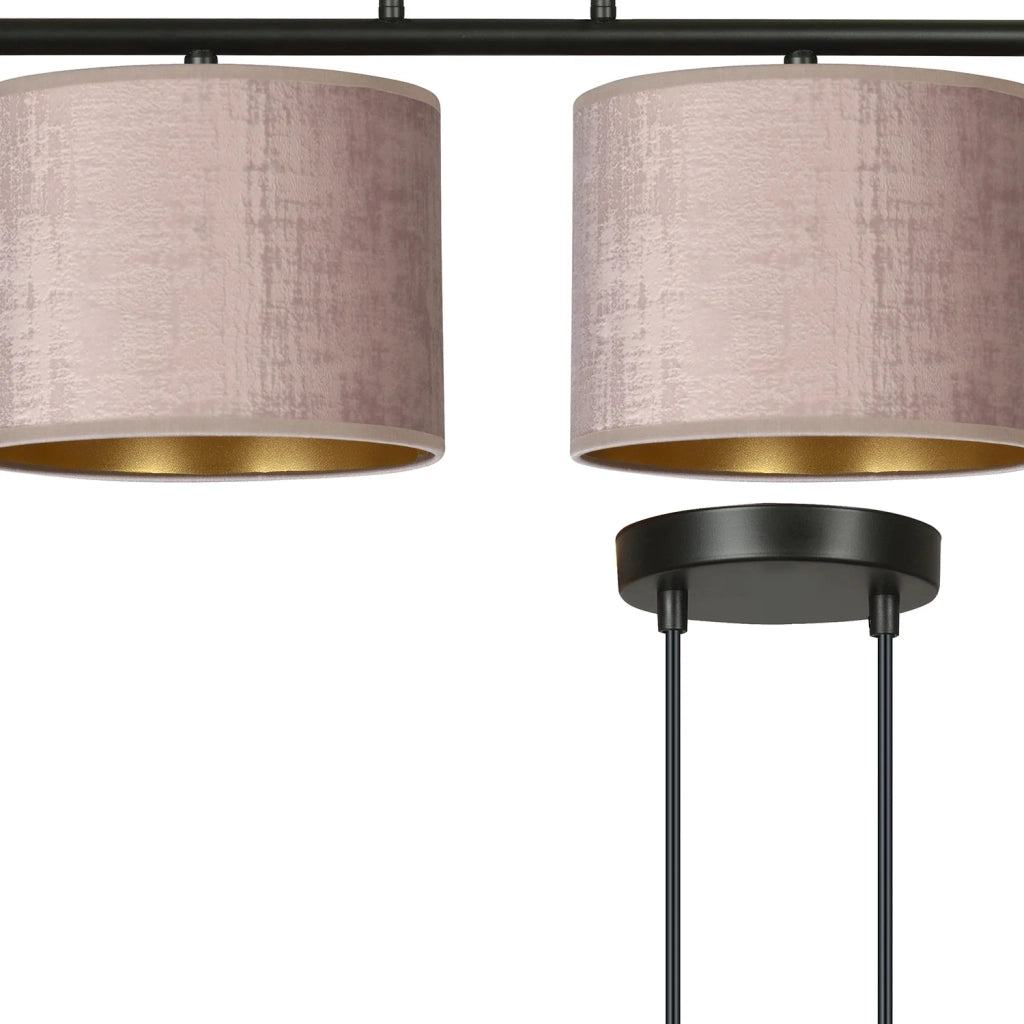 Lampadario 4 Luci Ganesha In Acciaio Nero E Paralumi In Tessuto Rosa