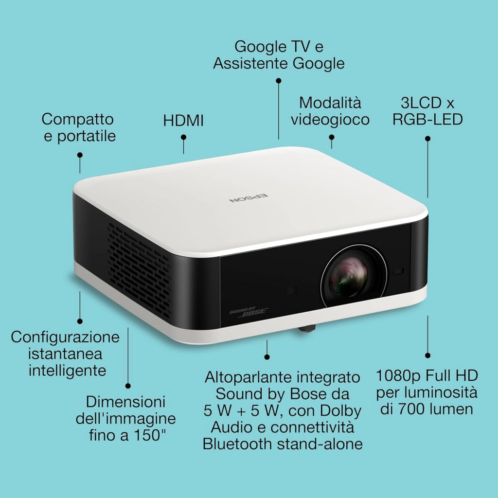 Lifestudio Pop EF-61W Bianco diamante Proiettore smart portatile, Sound by Bose, Google TV, Full HD, utilizzo interno/esterno, garanzia di 5 anni*