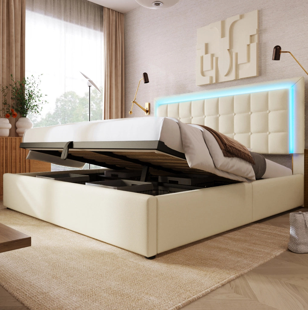Letto matrimoniale 160x200 cm con contenitore; LED e rivestimento in PU bianco