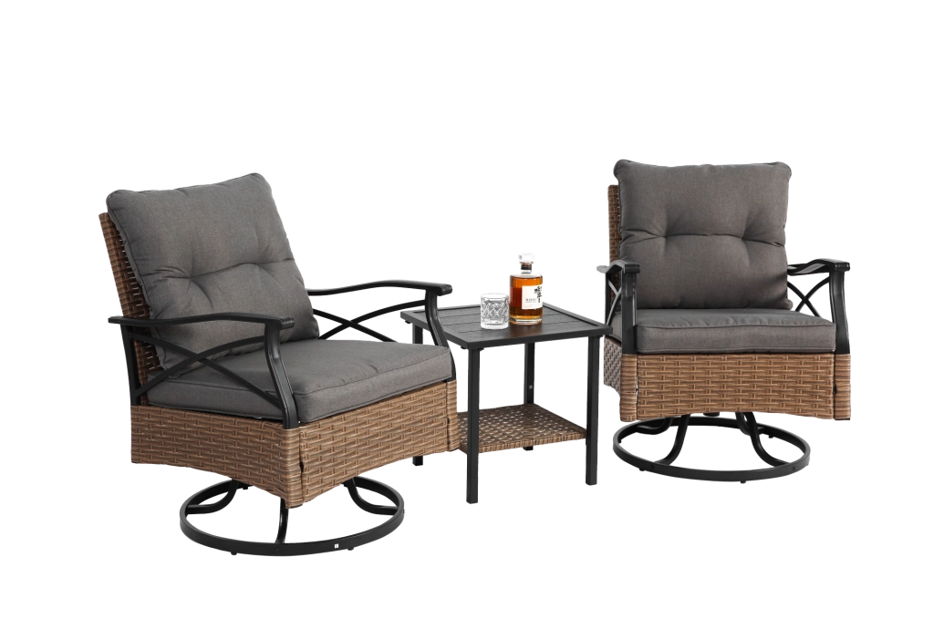Set da esterno 3 pezzi con 2 poltrone a dondolo girevoli 360° e tavolino; rattan PE marrone/grigio