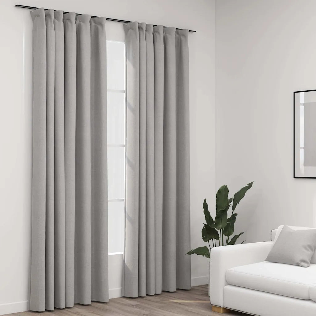 Tende Oscuranti | Tende Blackout con Ganci Effetto Lino 2 pz Grigie 140x225 cm