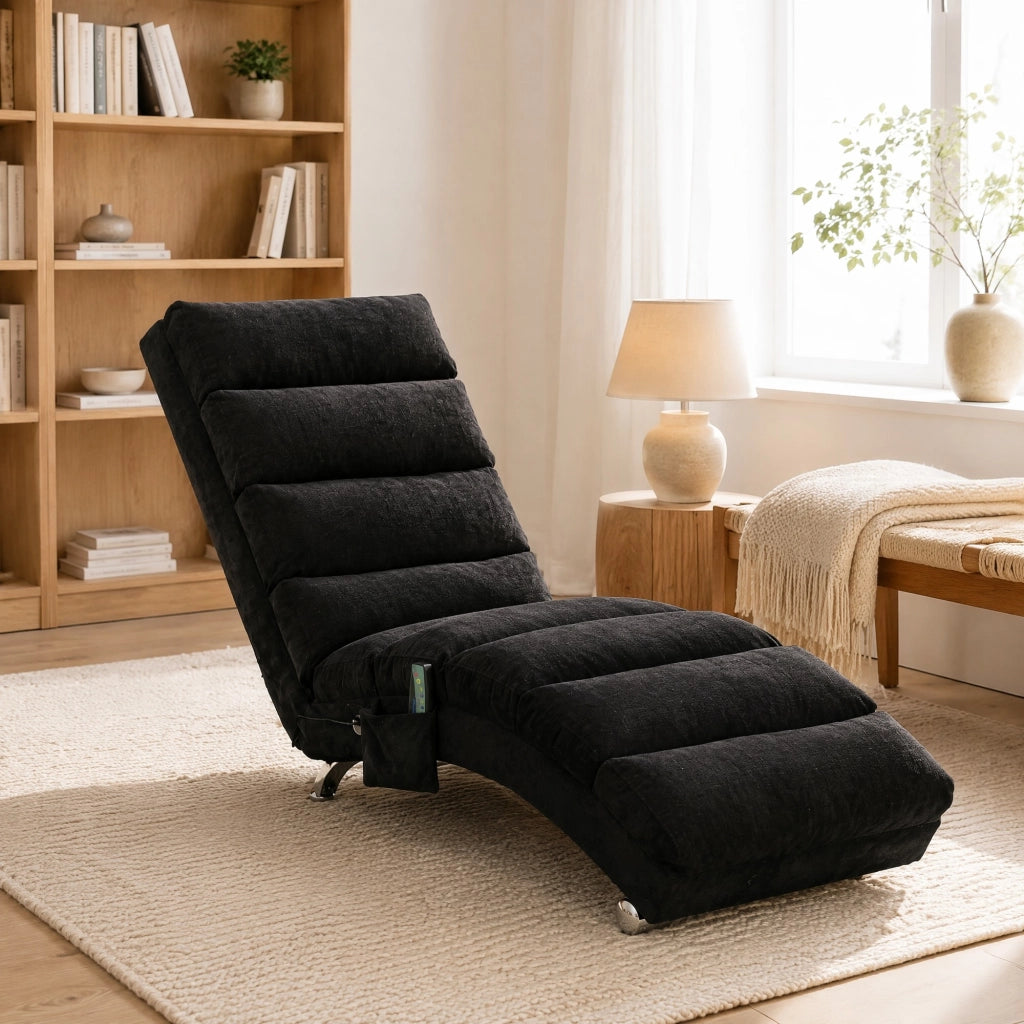 Poltrona chaise longue massaggiante fissa in lino nero con vibrazione e tasca laterale; 55x148x84 cm