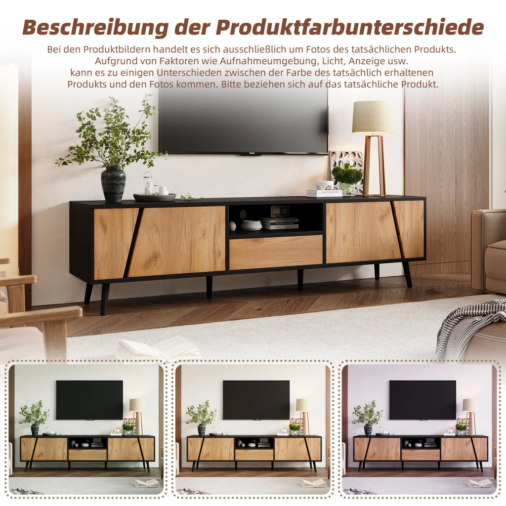Lowboard TV nero e legno naturale in truciolare 180 cm