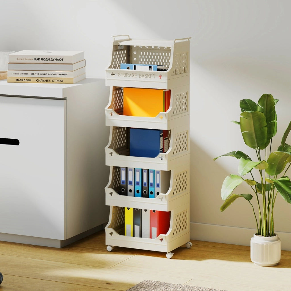 Cestino per bucato 6 piani carrello impilabile in plastica, Cestino per bucato organizzatore aperto per lavanderia Beige-Cesti del bucato