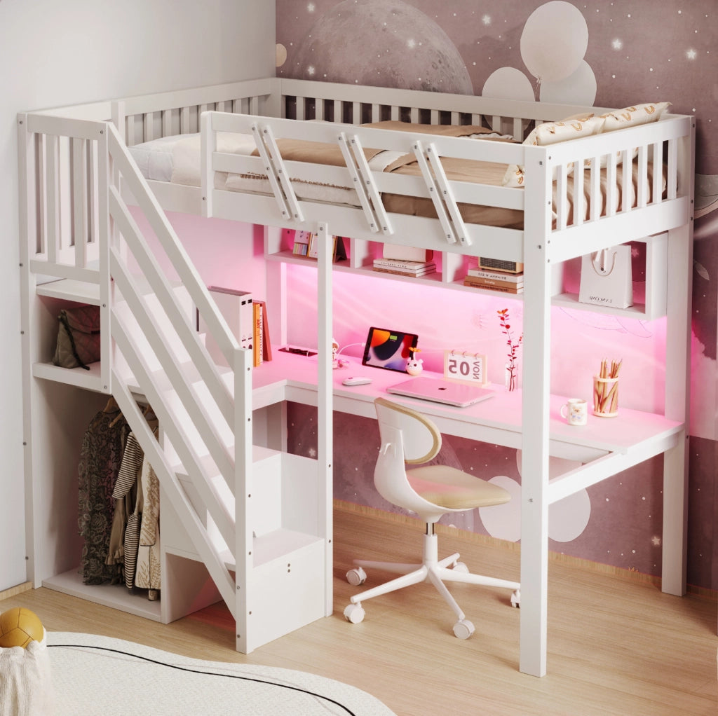 Letto a soppalco 90x200 cm con scrivania; scala contenitore e LED; bianco