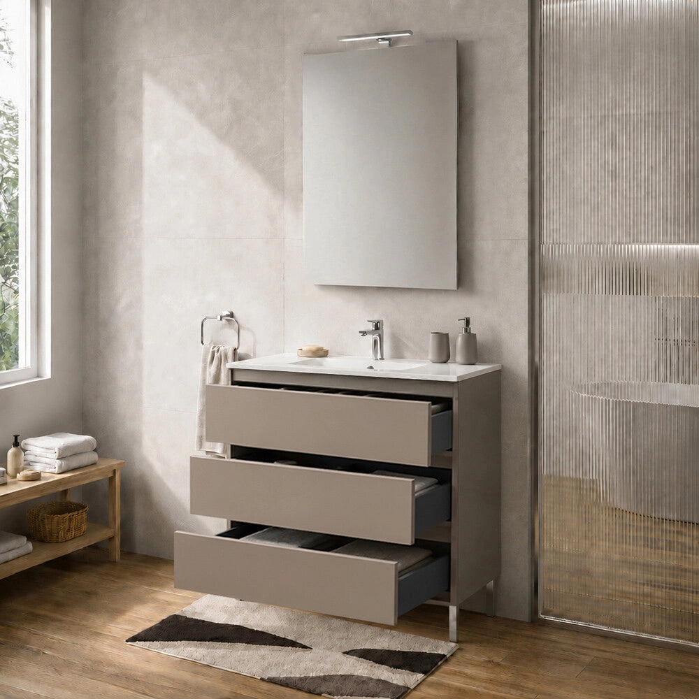 Mobile bagno a terra 100 cm tortora tre cassetti push-pull con lavabo Tierra