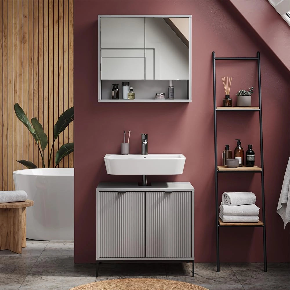 Set di mobili da bagno Eliza, Grigio, 70 cm, composto da specchio da bagno e mobile sottolavabo
