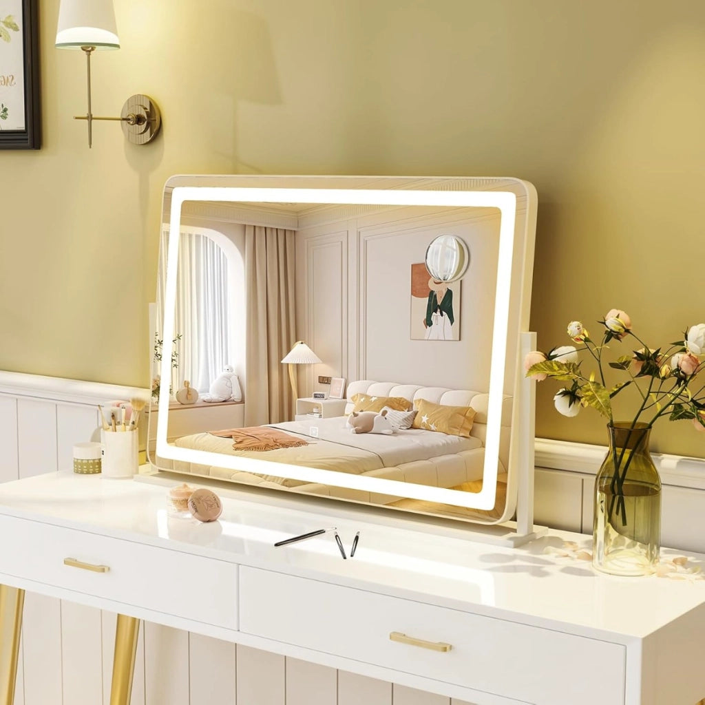 Specchio da trucco con luci, Specchio da tavolo 80 x 55 cm con specchio 10x ingrandente Bianco