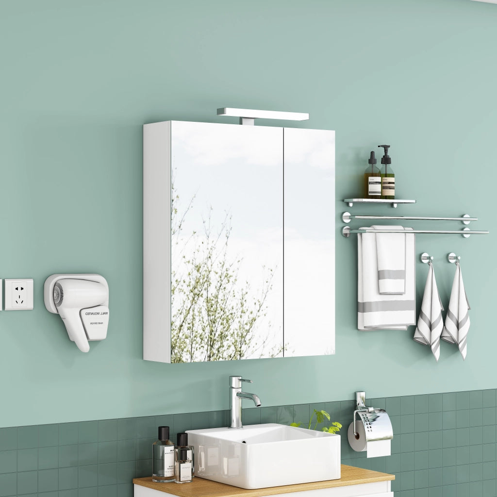 Mobile con specchio con 2 ante asimmetriche; ripiani in vetro regolabili; LED e presa integrata per bagno; bianco