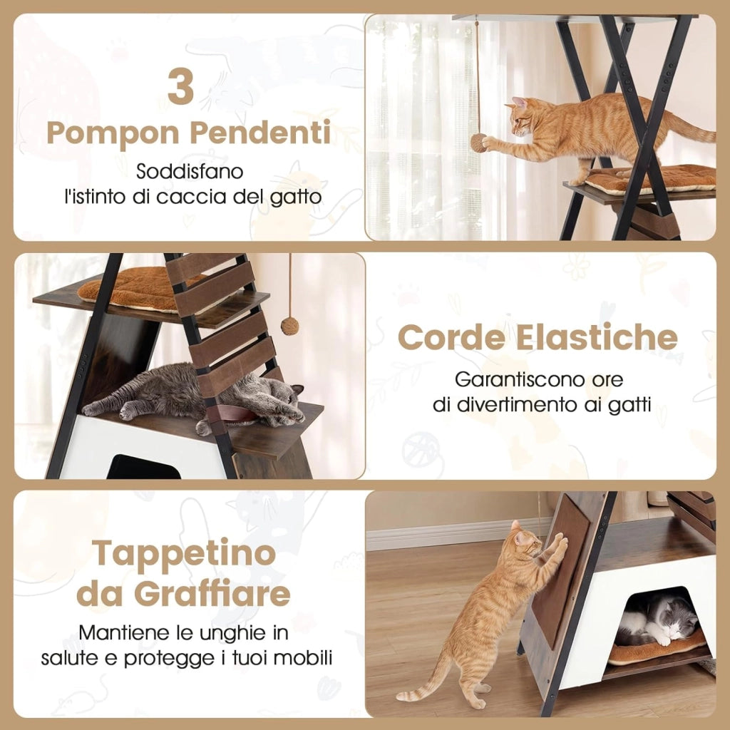 Tiragraffi per Gatti Grande, Albero per Gatti Multilivelli con 3 Pompon Pendenti, Elastici, Tappetino da Graffiare, Cuccia, Trespolo e 4 Cuscini Rimovibili, Centro Attività per Gatti