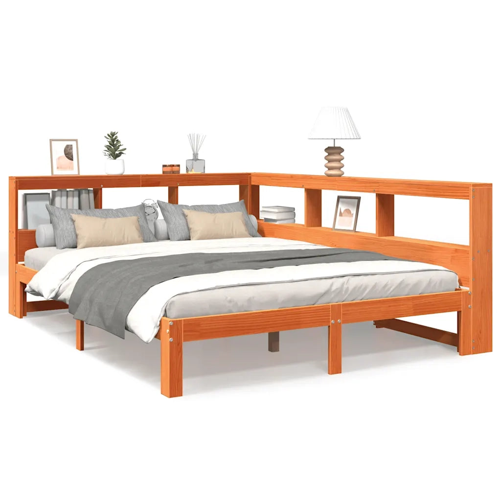 Letto Libreria senza Materasso-Struttura Letto con contenitore Marrone Cera 140x200 cm in Pino 129631