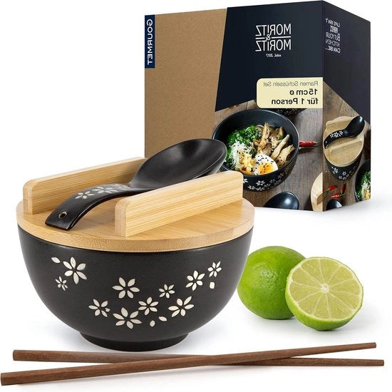 Insalata di Ramen - Bicchiere di Ramen in Ceramica - 600 ml - 15 cm Ø - Insalata di Ramen per 1 Persona - Bicchiere per Zuppa e Sushi - Incluso Spiedini, Coperchio e Cucchiaio
