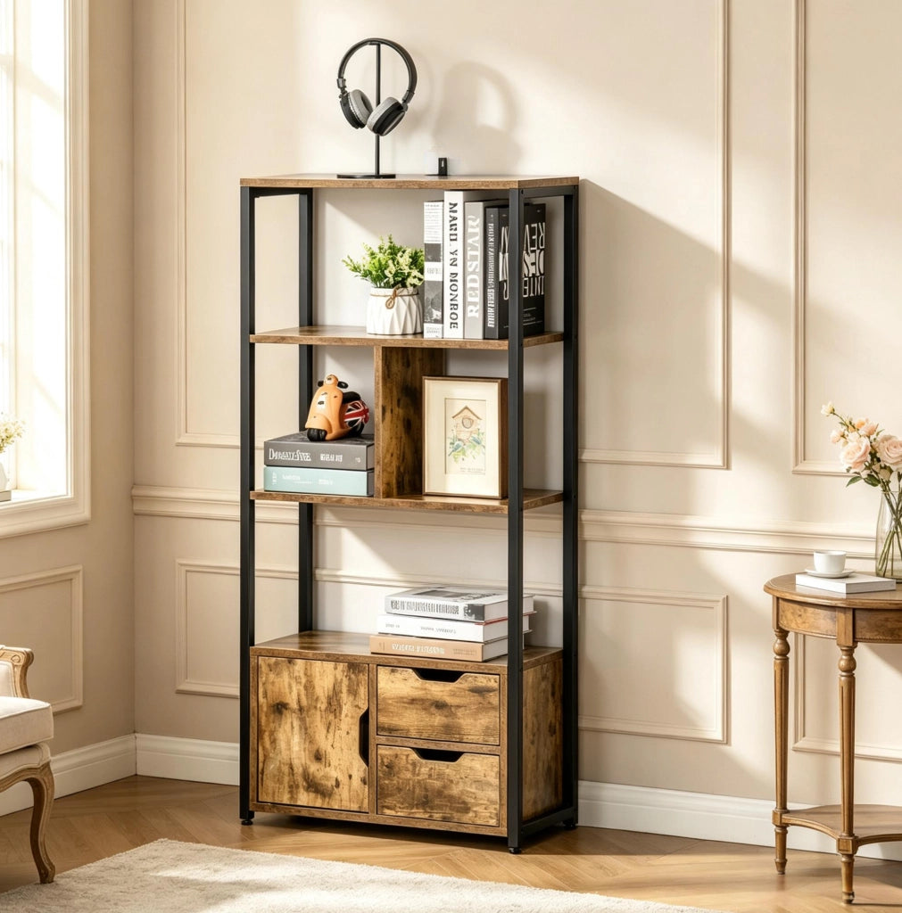 Libreria con cassetti, armadietto e ripiani effetto legno