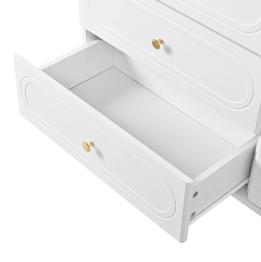 Sideboard bianco con 6 cassetti; frontali ovali e gambe in metallo; 120x40x75 cm