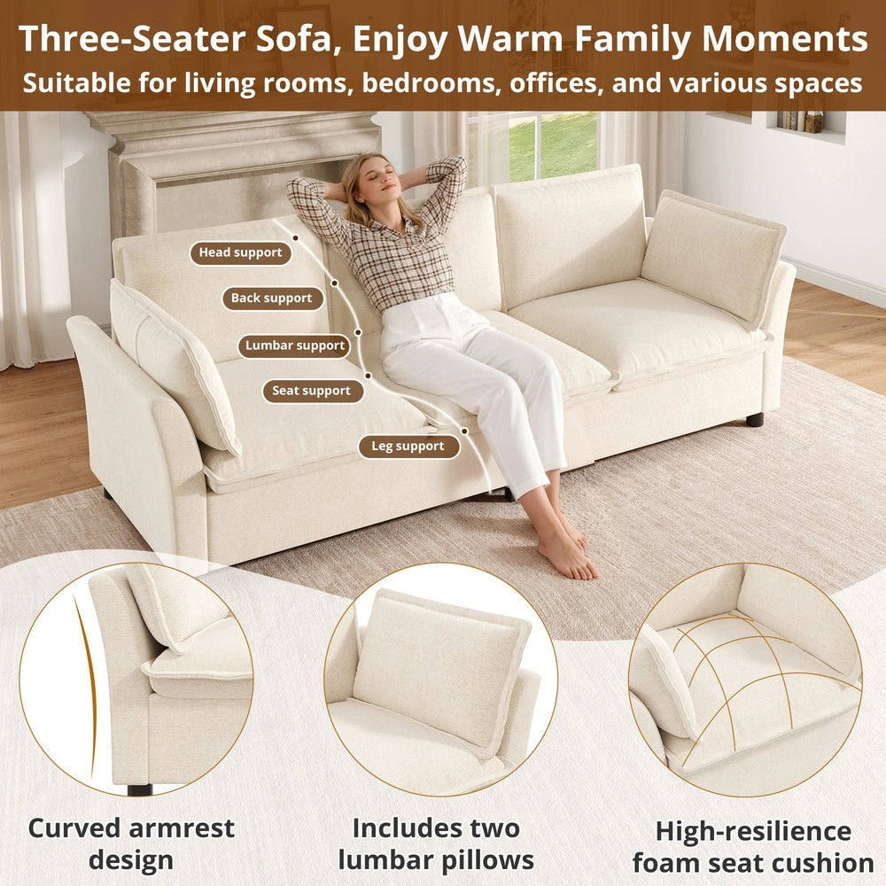 Set Divano Modulare 3 e 2 Posti ¨C Minimal ¨C Beige Tessuto Chenille Imbottito con Cuscini