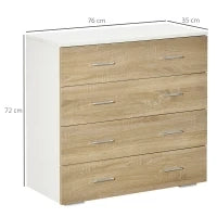 Cassettiera 4 Cassetti in Legno e Maniglie in Alluminio, 76x35x72cm, Bianco e Rovere
