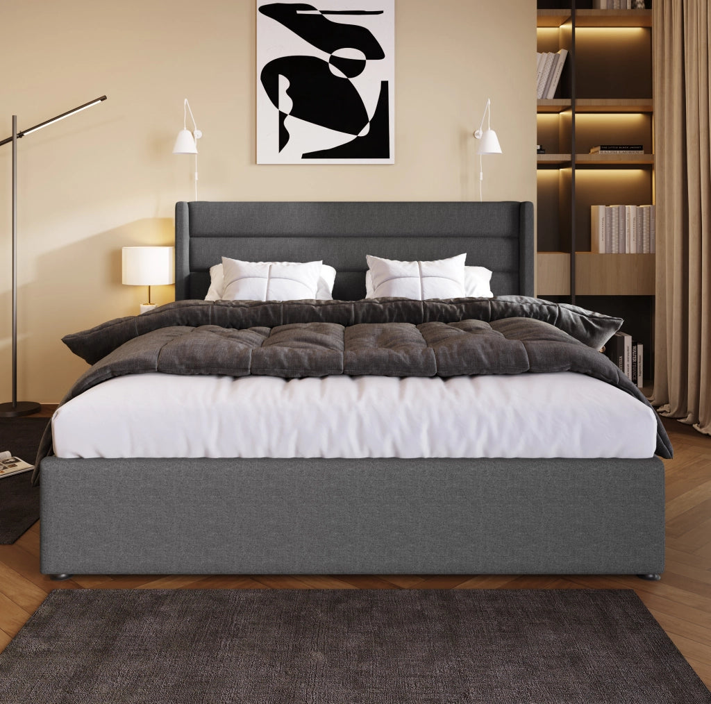 Letto imbottito contenitore idraulico 140x200 cm in lino grigio