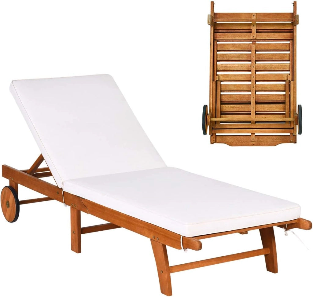 Lettino Prendisole con Schienale Regolabile, Sedia Sdraio in Legno di Eucalipto, Sdraio dav Spiaggia con Cuscino e 2 Ruote, Portata fino a 160 kg, Natura e Beige, ‎195 x 68 x 30-90 cm (2)