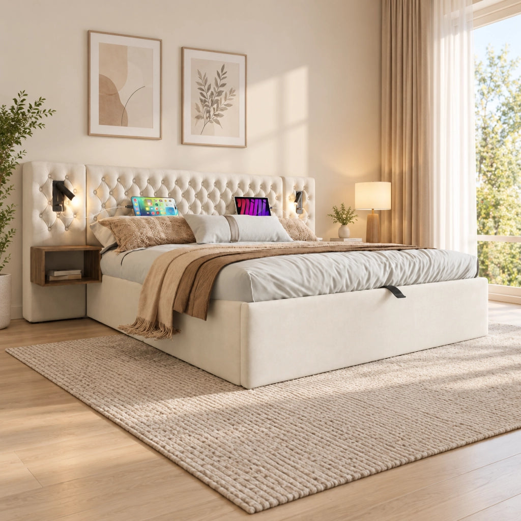 Letto contenitore imbottito 180 x 200 cm con 2 comodini; contenitore con sollevamento idraulico; lampada da lettura; ricarica USB; velluto; beige