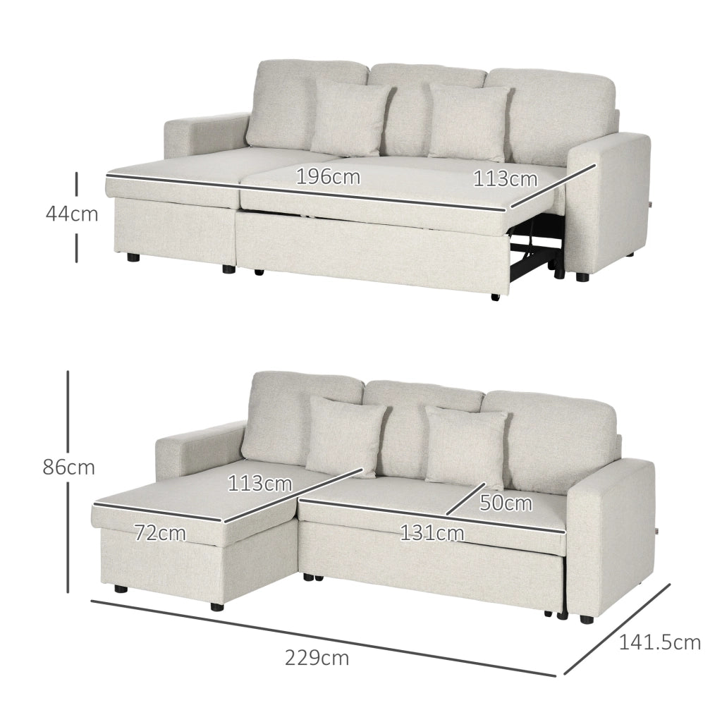 Divano Letto Angolare con 2 Cuscini e Vano Contenitore in Tessuto Crema ¨C Zephmum ¨C 2 Posti