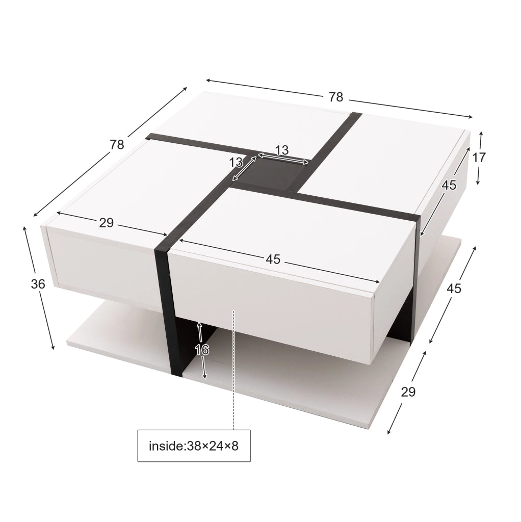 Tavolino da caffè quadrato con 4 cassetti; 78x78x36 cm; in truciolare bianco e nero lucido