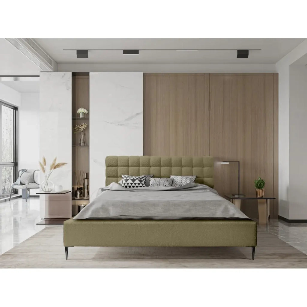 Letto MILLIO – Kaki – 160x200 cm – Tessuto chenille bouclé – Rete inclusa – Comfort albergo 5 stelle