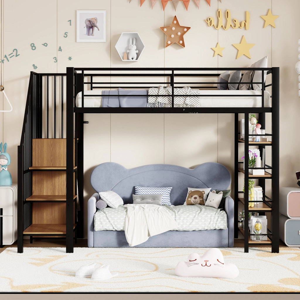 DESMIU Letto a soppalco 1 posto con scala contenitore, armadio e ripiani, 90 × 200 cm, senza materasso