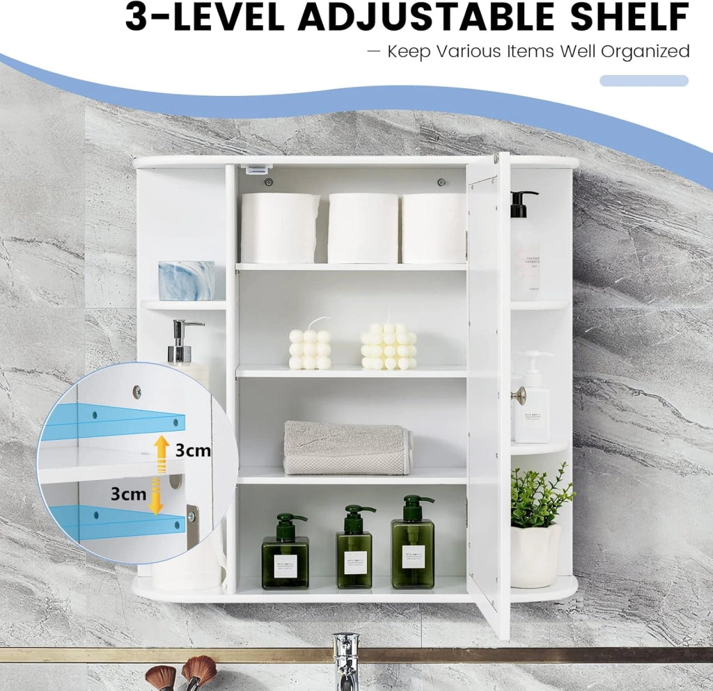 Armadietto Bagno a Parete, Mobiletto Pensile con Ante di Specchio, 6 Scomparti Laterali e 4 Ripiani di Stoccaggio, 3 Colori Disponibili, 66x16,5x63cm (Bianco)