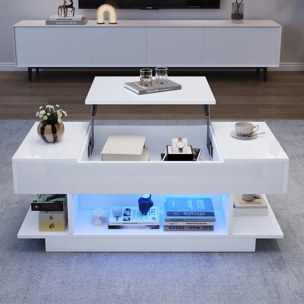 Tavolino da Caff¨¨ con Piano Sollevabile e LED ¨C MINIMAL ¨C Bianco Lucido, 98x45x40