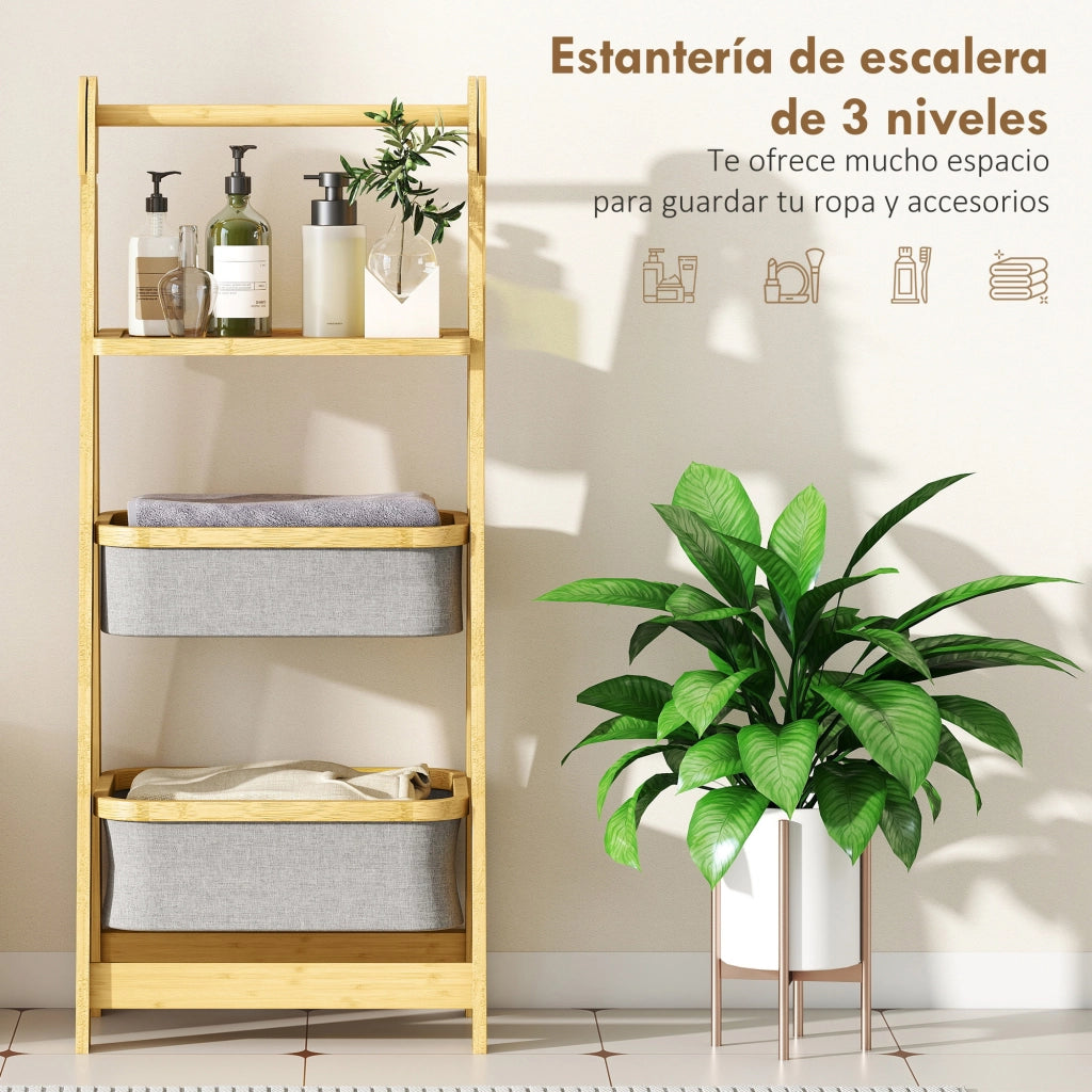 Ripiano Pieghevole per Bagno in Bamb¨´ con 2 Cestini per Biancheria ¨C zephmum ¨C Grigio 40x30x40 cm