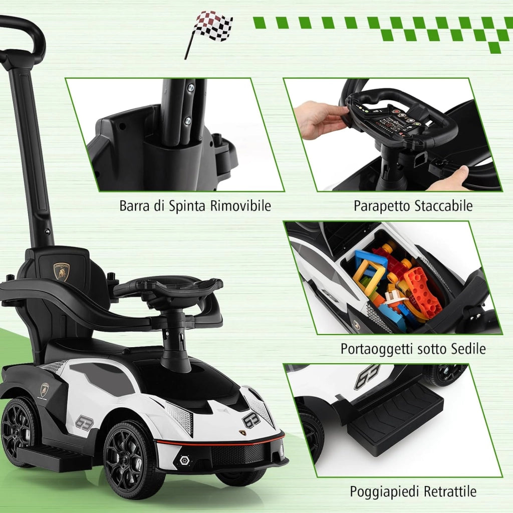 3 in 1 Lamborghini Auto a Spinta per Bambini, Macchina Cavalcabile con Impugnatura e Scatola di Stoccaggio, Ideale per Bambini 12-36 Mesi (Bianco)