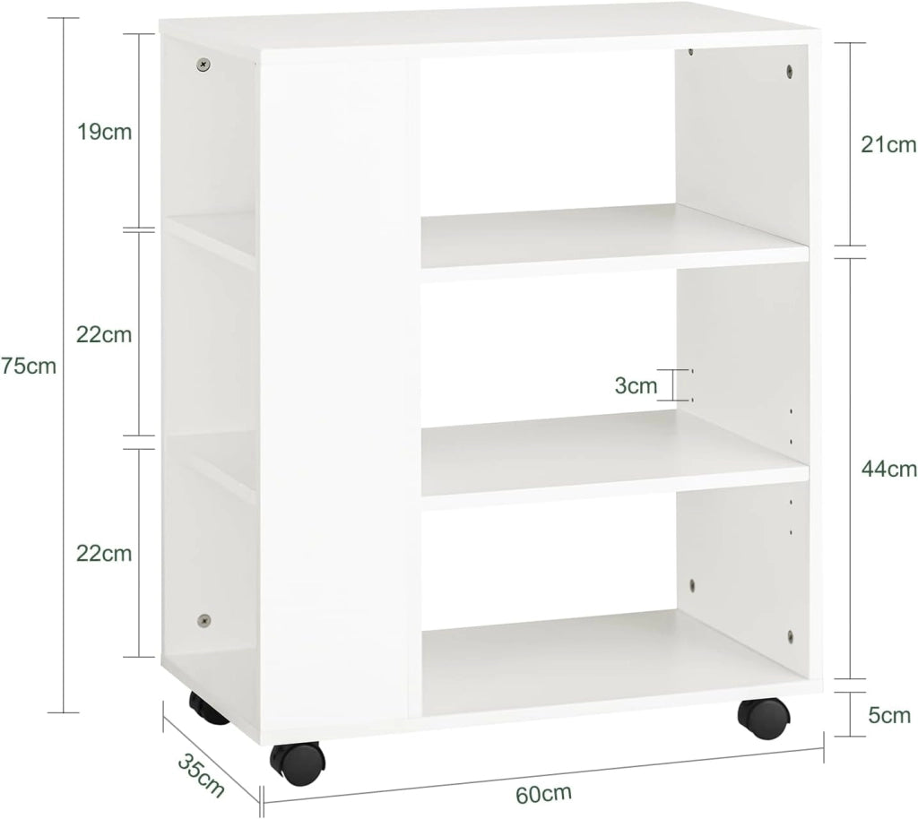 Cassettiera Ufficio da Scrivania Porta Stampante su Ruote Schedario da Ufficio con Ripiani Regolabili Mobiletto Portaoggetti Mobiletto Salvaspazio Bianco 60x35x75cm FBT68-W