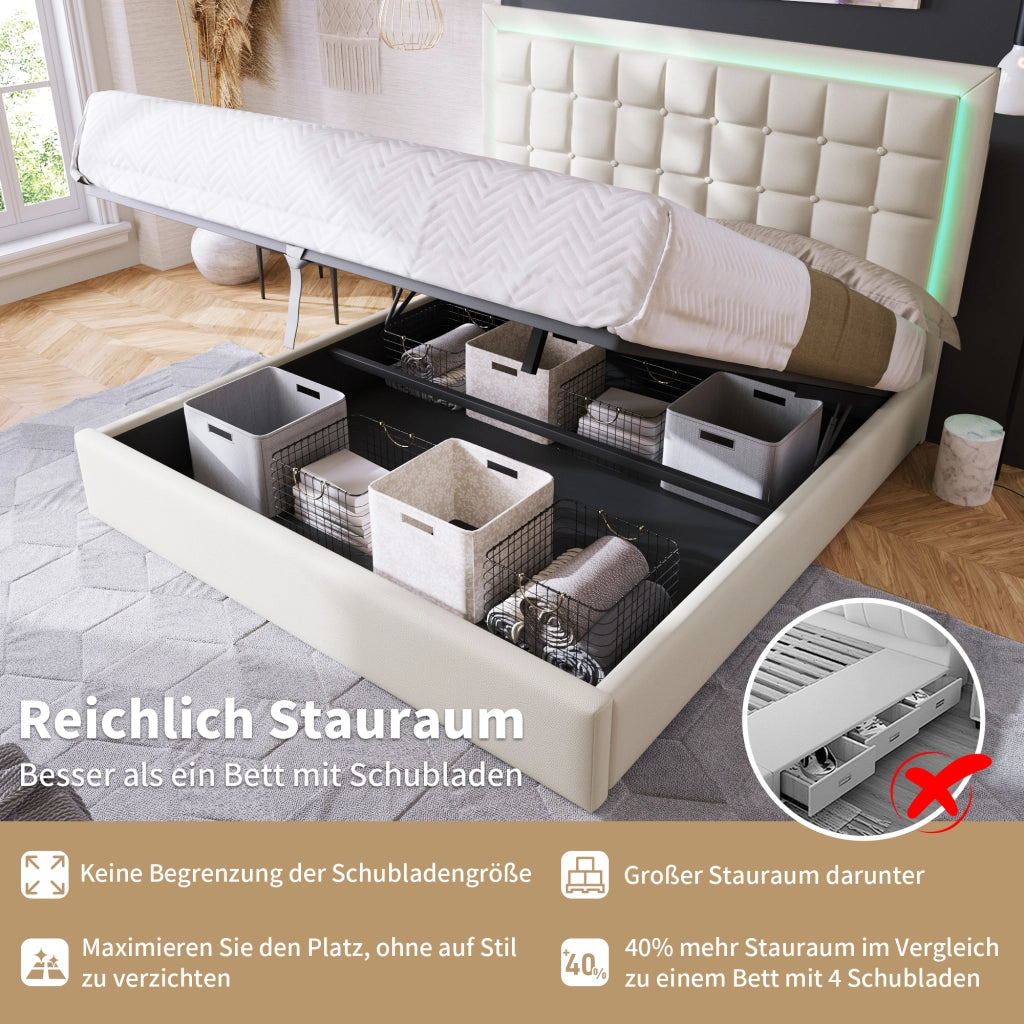 Letto imbottito in PU bianco con LED e contenitore, 180x200 cm