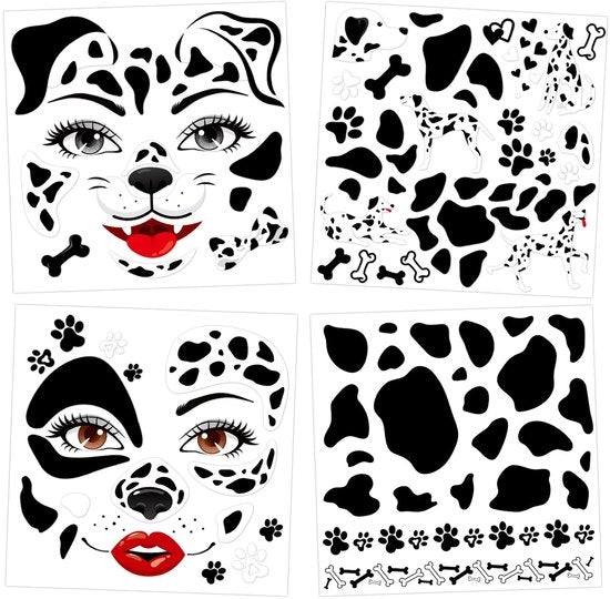 Tatuaggi temporanei per faccia - 4 pezzi - Sticker dalmata - Cane da palla - Per carnevale/Halloween - Durata 3-5 giorni