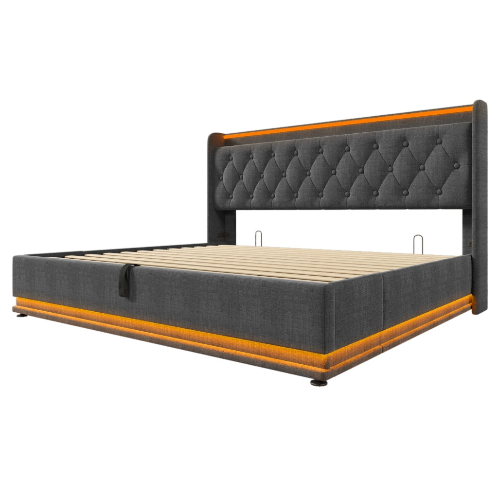 Letto imbottito 180x200 cm grigio con LED, contenitore idraulico, USB Type-C e rete a doghe