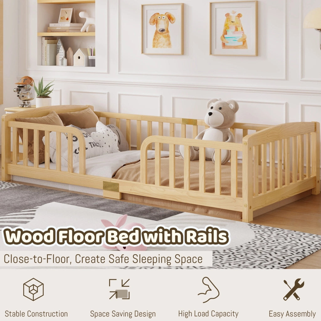 Lettino per bambini 90 x 200 cm, con spondine di sicurezza, senza piastra di base, colore del legno grezzo